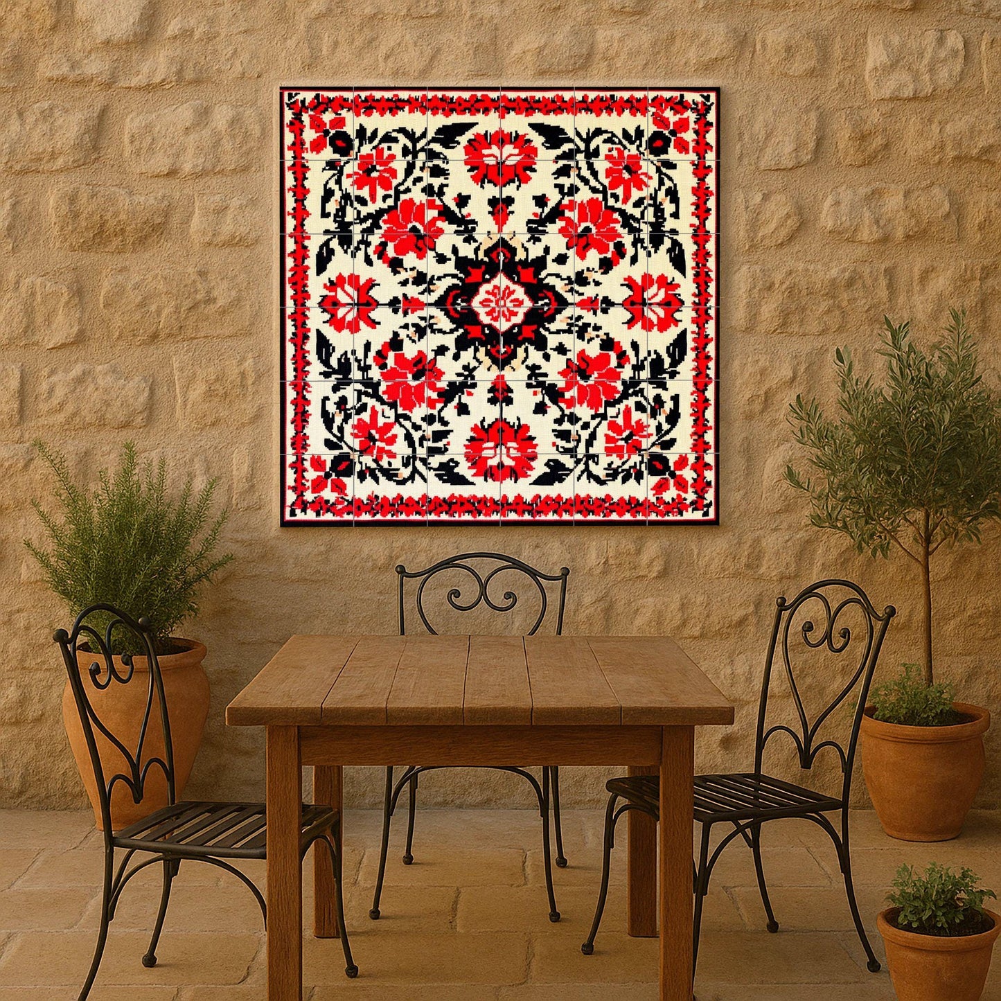 Bulgarian folk ceramic mural: symmetrical floral motifs in red and black with traditional geometric elegance, decorative tile wall art.