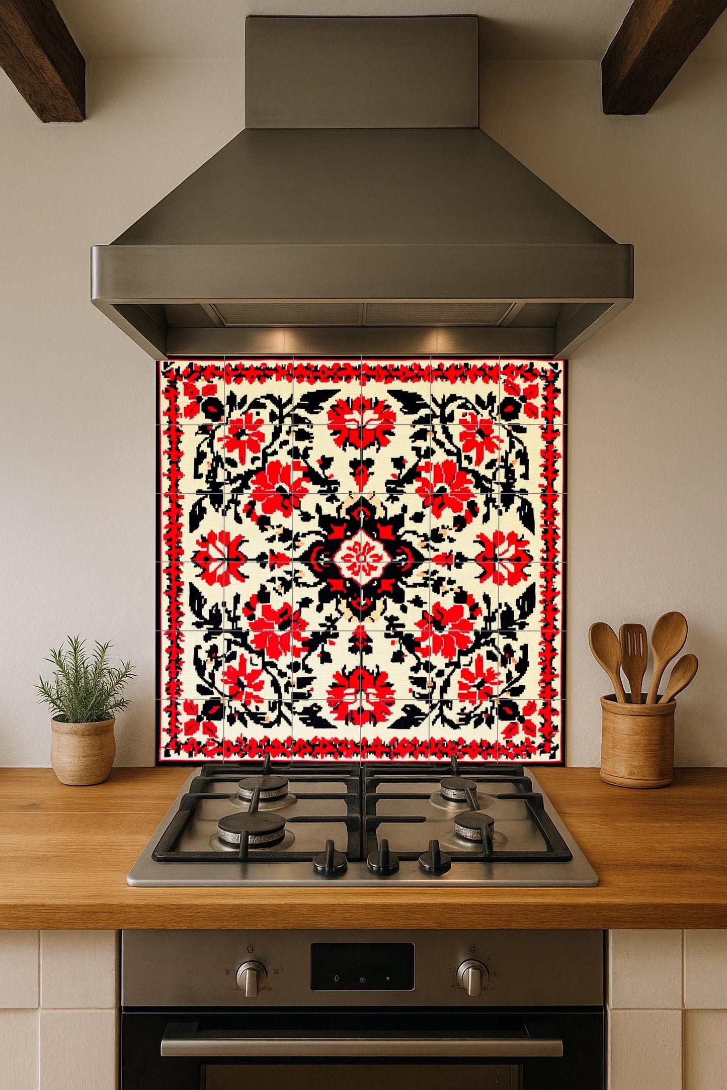 Bulgarian folk ceramic mural: symmetrical floral motifs in red and black with traditional geometric elegance, decorative tile wall art.