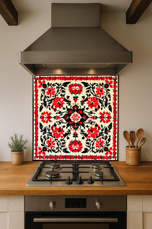 Bulgarian folk ceramic mural: symmetrical floral motifs in red and black with traditional geometric elegance, decorative tile wall art.