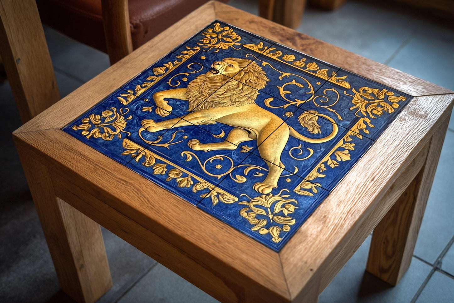 Golden Lion Ceramic Mural: majestic heraldic artwork with ornamental scrolls, majestic animal symbol and deep blue decorative panel.
