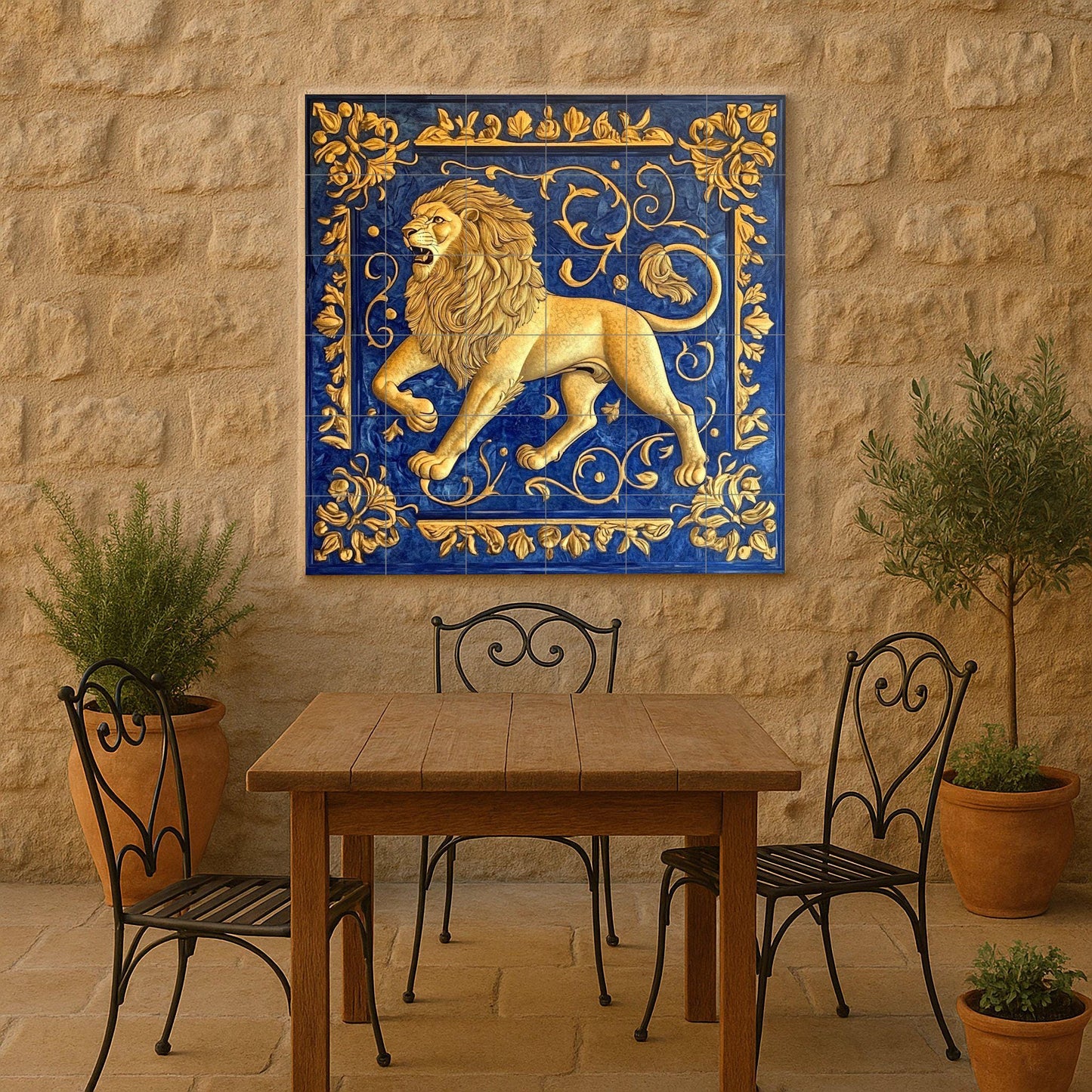 Golden Lion Ceramic Mural: majestic heraldic artwork with ornamental scrolls, majestic animal symbol and deep blue decorative panel.