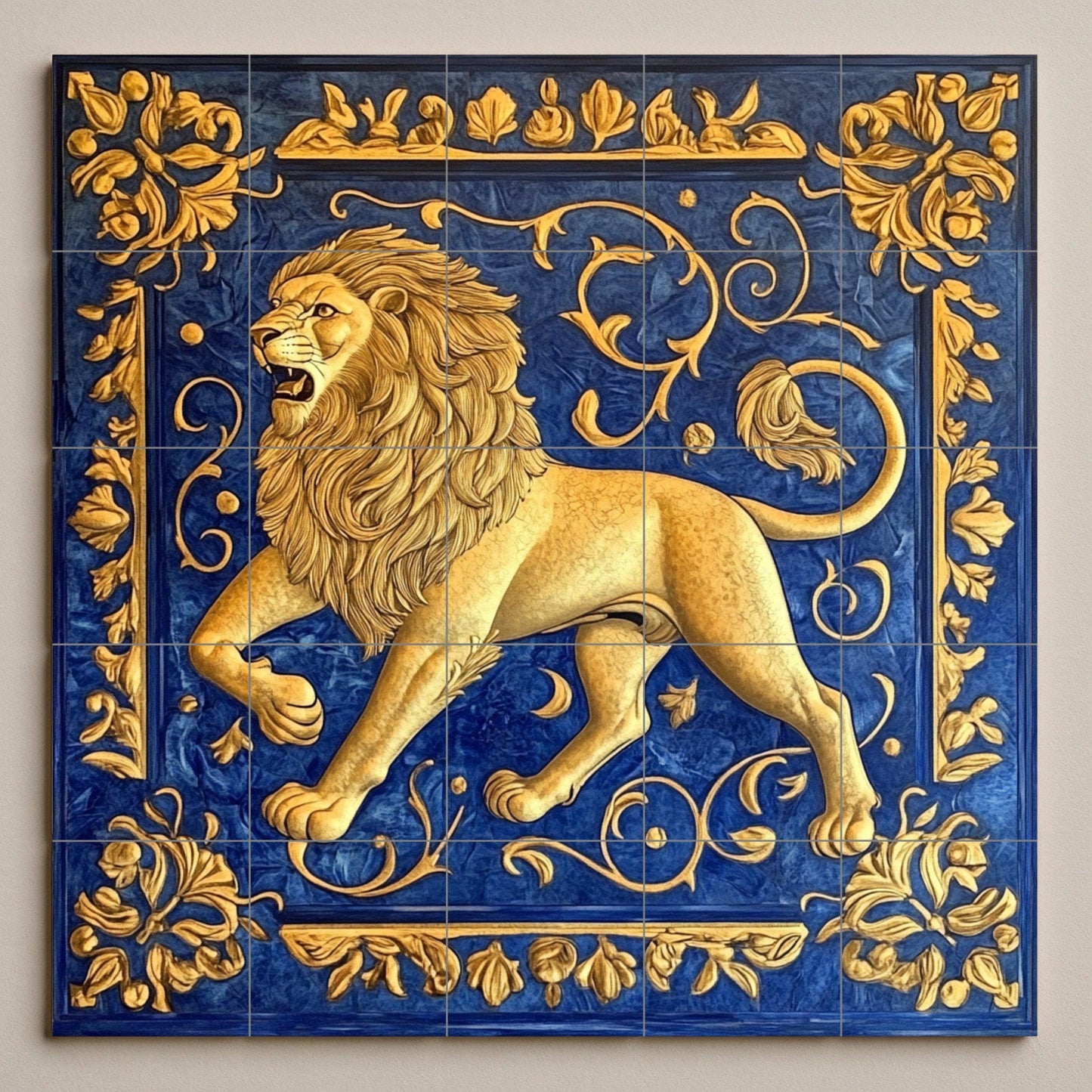 Golden Lion Ceramic Mural: majestic heraldic artwork with ornamental scrolls, majestic animal symbol and deep blue decorative panel.