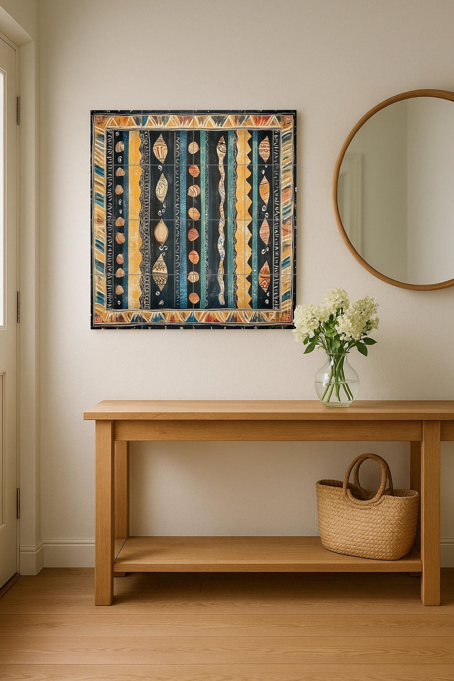 Cape Verde ceramic mural: Textile design inspired by the ocean with shell motifs, tribal wave border and decorative Atlantic tiles.