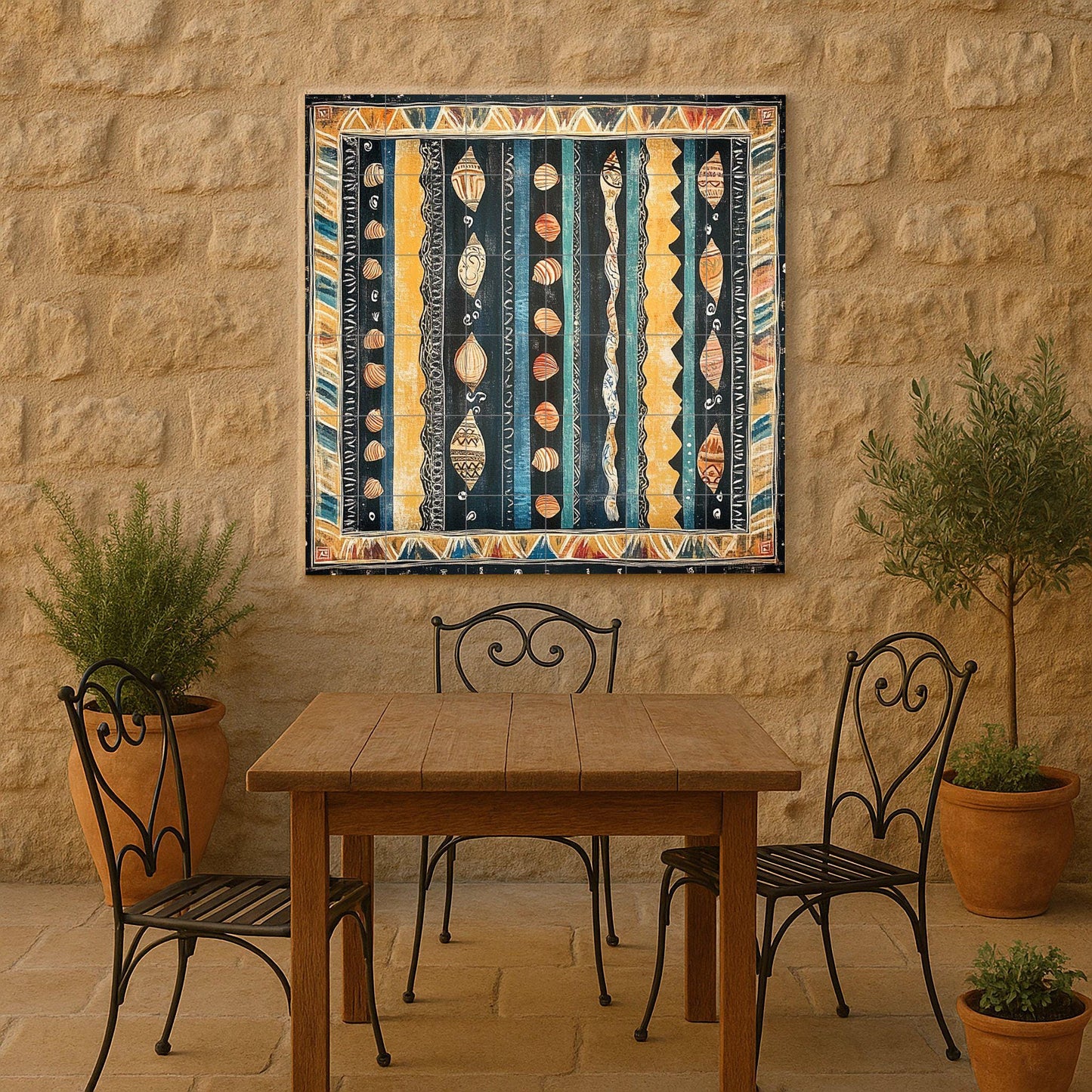 Cape Verde ceramic mural: Textile design inspired by the ocean with shell motifs, tribal wave border and decorative Atlantic tiles.