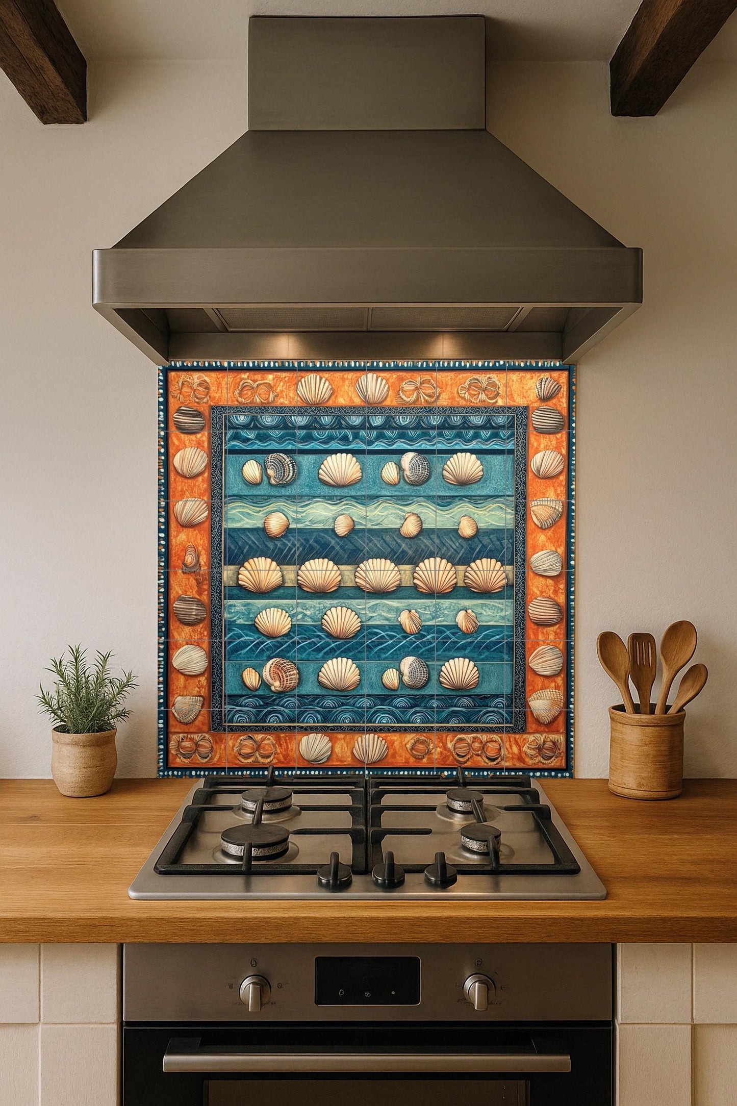 Ceramic mural of seashells: artwork inspired by the coastal ocean with blue wave stripes, nautical shell motifs and a warm terracotta border.