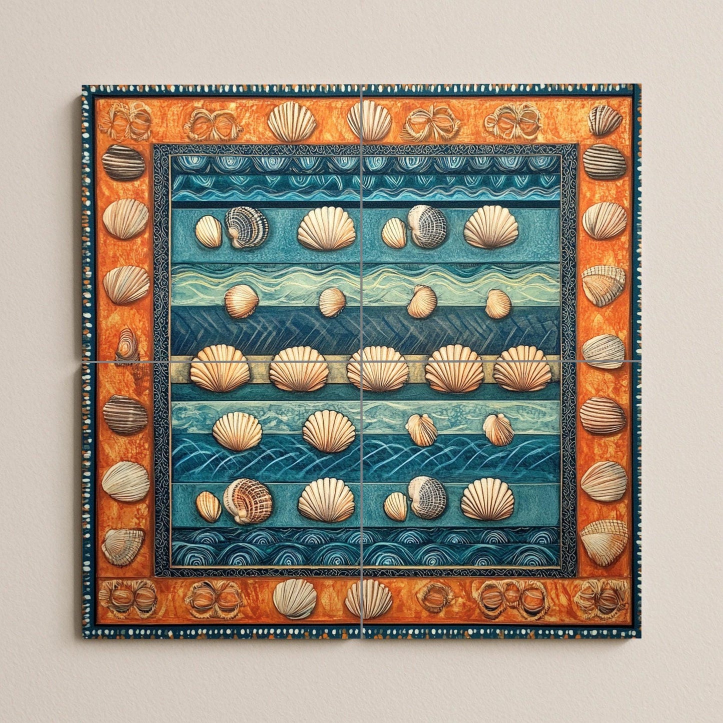 Ceramic mural of seashells: artwork inspired by the coastal ocean with blue wave stripes, nautical shell motifs and a warm terracotta border.