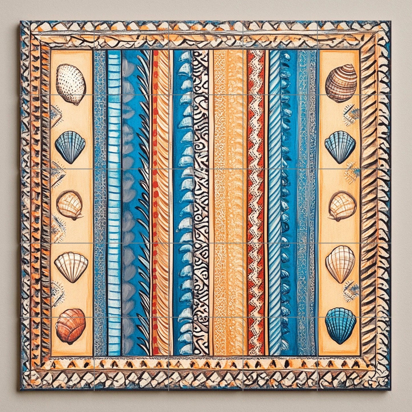 Ceramic mural of beach shells: coastal artwork with ocean blue stripes, sand tones, shell motifs and nautical decorative panel.
