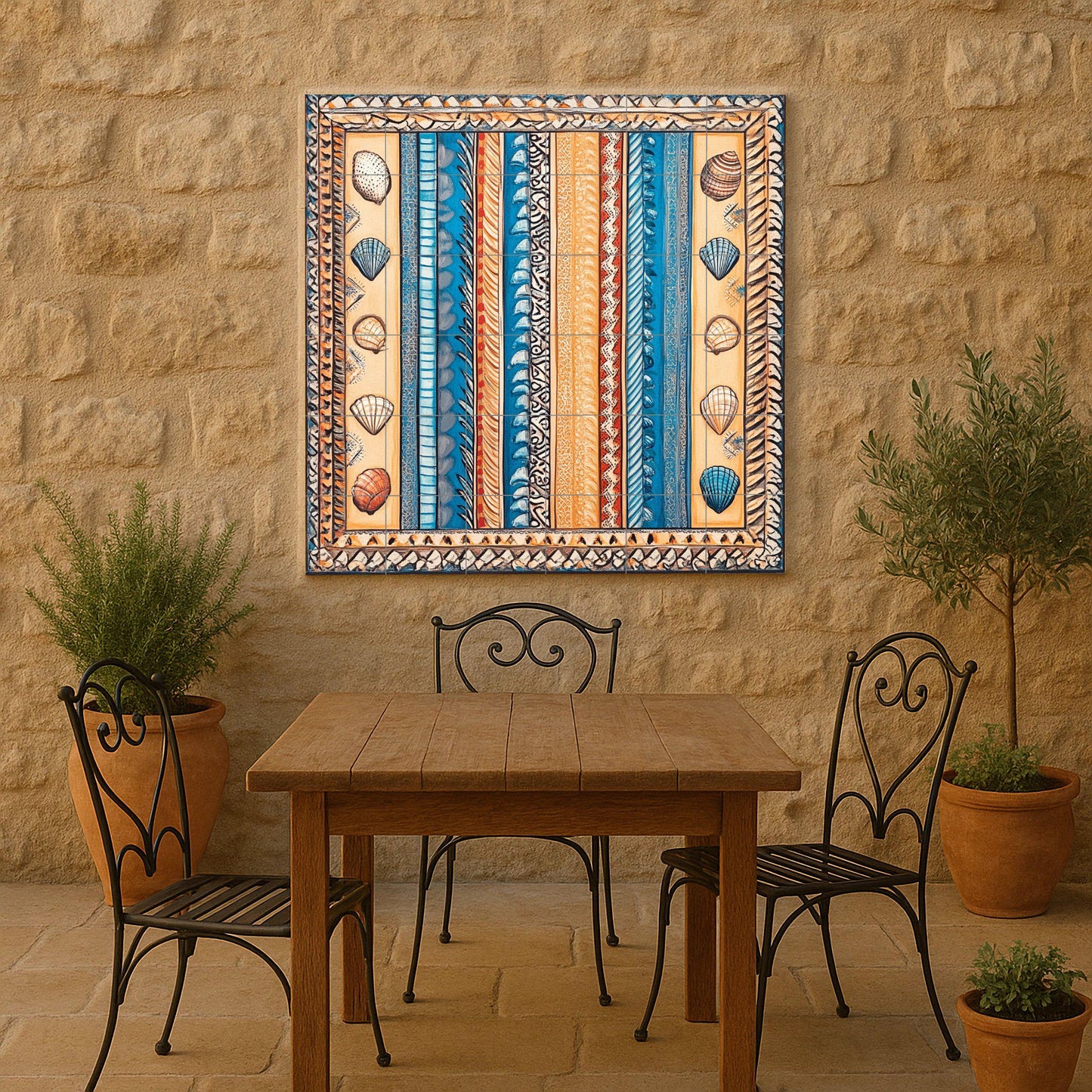 Ceramic mural of beach shells: coastal artwork with ocean blue stripes, sand tones, shell motifs and nautical decorative panel.