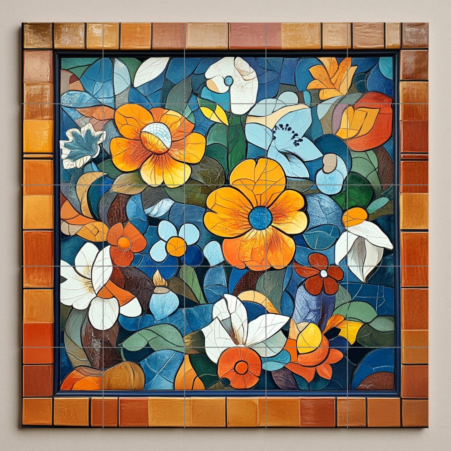Catalan modernist ceramic mural: artwork with floral tiles inspired by Gaudí with striking colors, decorative wall panel and Mediterranean artistic motifs.