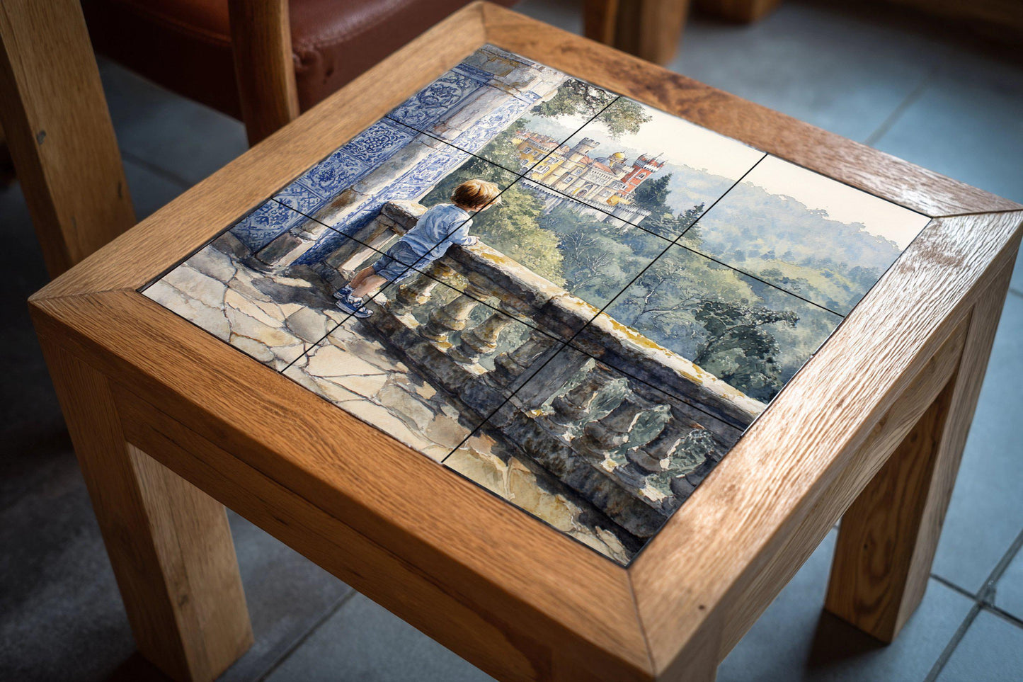 Ceramic mural of the Children's Palace: Romantic artwork with scenic tiles, balcony, blue tile column and view of the castle in a leafy forest.