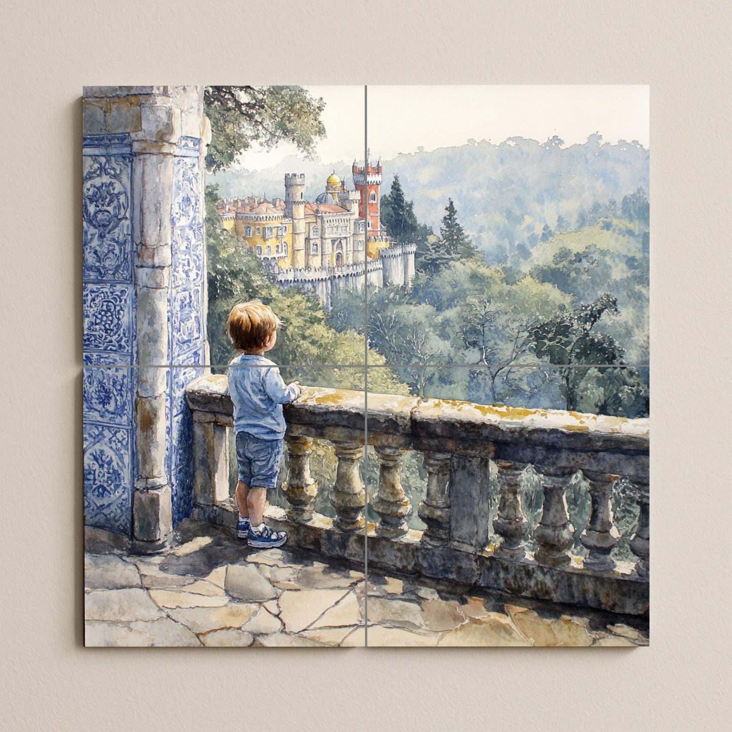 Ceramic mural of the Children's Palace: Romantic artwork with scenic tiles, balcony, blue tile column and view of the castle in a leafy forest.