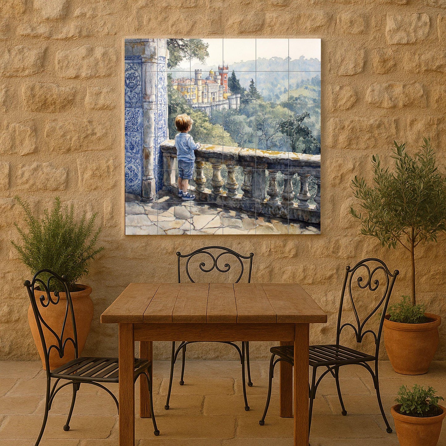 Ceramic mural of the Children's Palace: Romantic artwork with scenic tiles, balcony, blue tile column and view of the castle in a leafy forest.