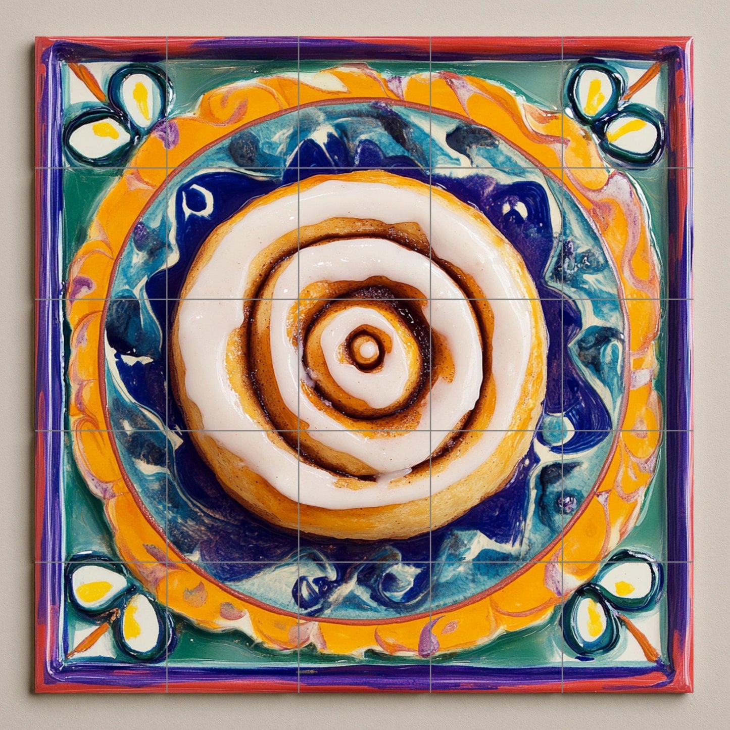 Ceramic mural of cinnamon rolls: figurative sweet pastry with swirl of icing on a vibrant Mexican-style painted plate, colorful decorative tile art.