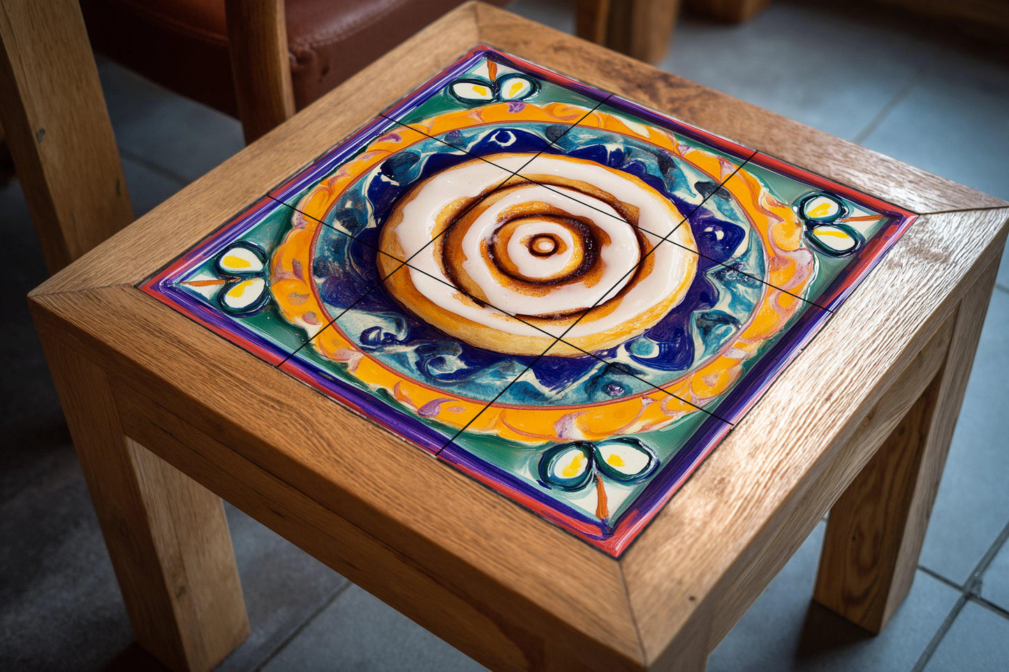 Ceramic mural of cinnamon rolls: figurative sweet pastry with swirl of icing on a vibrant Mexican-style painted plate, colorful decorative tile art.