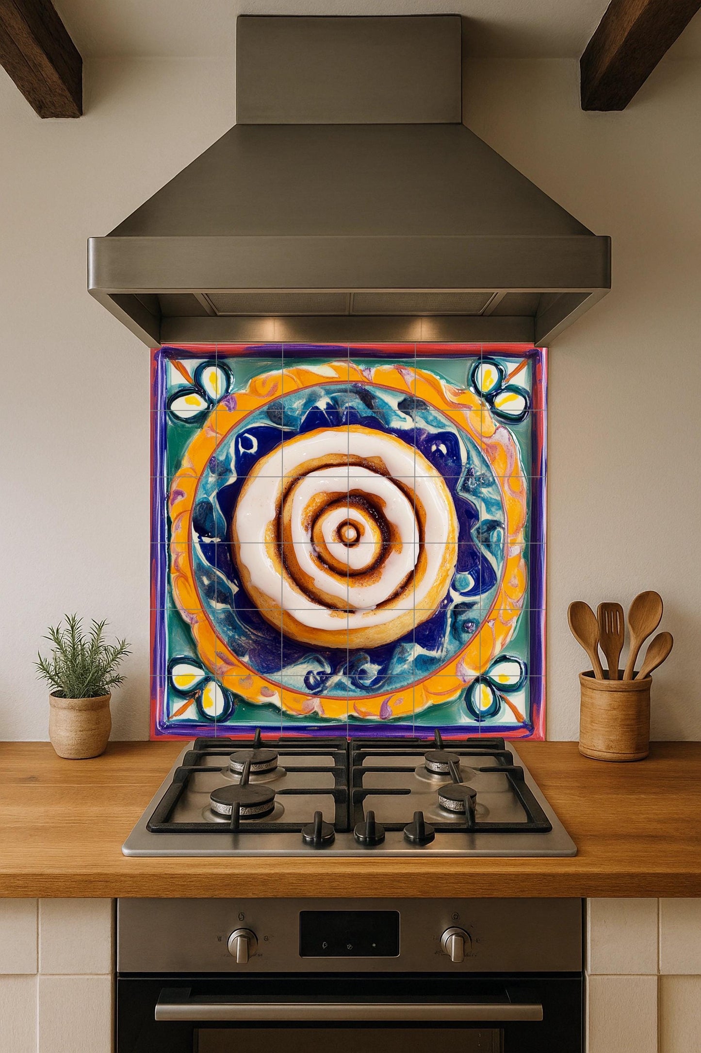Ceramic mural of cinnamon rolls: figurative sweet pastry with swirl of icing on a vibrant Mexican-style painted plate, colorful decorative tile art.