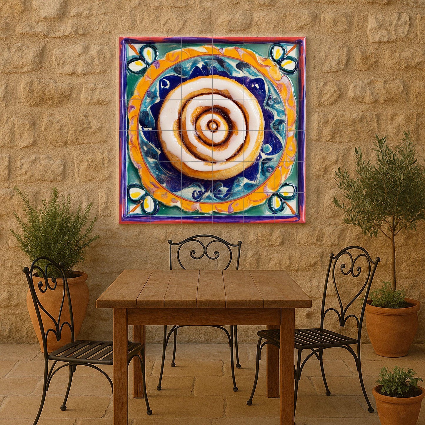 Ceramic mural of cinnamon rolls: figurative sweet pastry with swirl of icing on a vibrant Mexican-style painted plate, colorful decorative tile art.