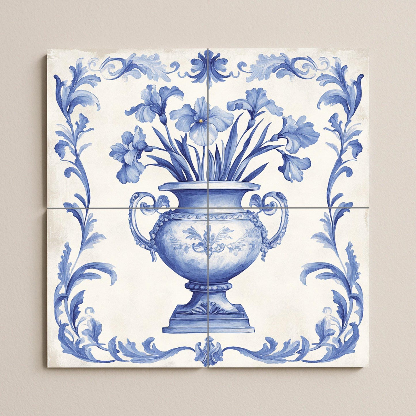 Delft Blue Ceramic Mural: Classic floral vase with ornamental scrolls, decorative artwork in indigo and white tile, timeless wall art.
