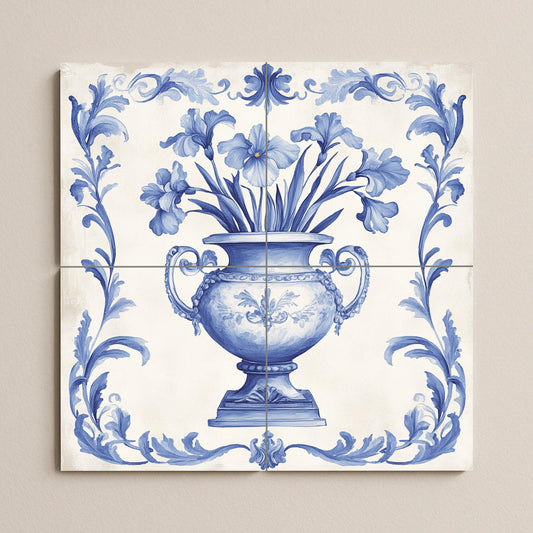 Delft Blue Ceramic Mural: Classic floral vase with ornamental scrolls, decorative artwork in indigo and white tile, timeless wall art.