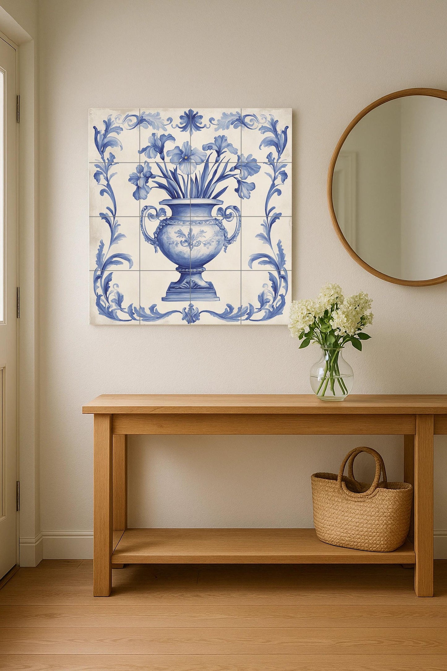 Delft Blue Ceramic Mural: Classic floral vase with ornamental scrolls, decorative artwork in indigo and white tile, timeless wall art.