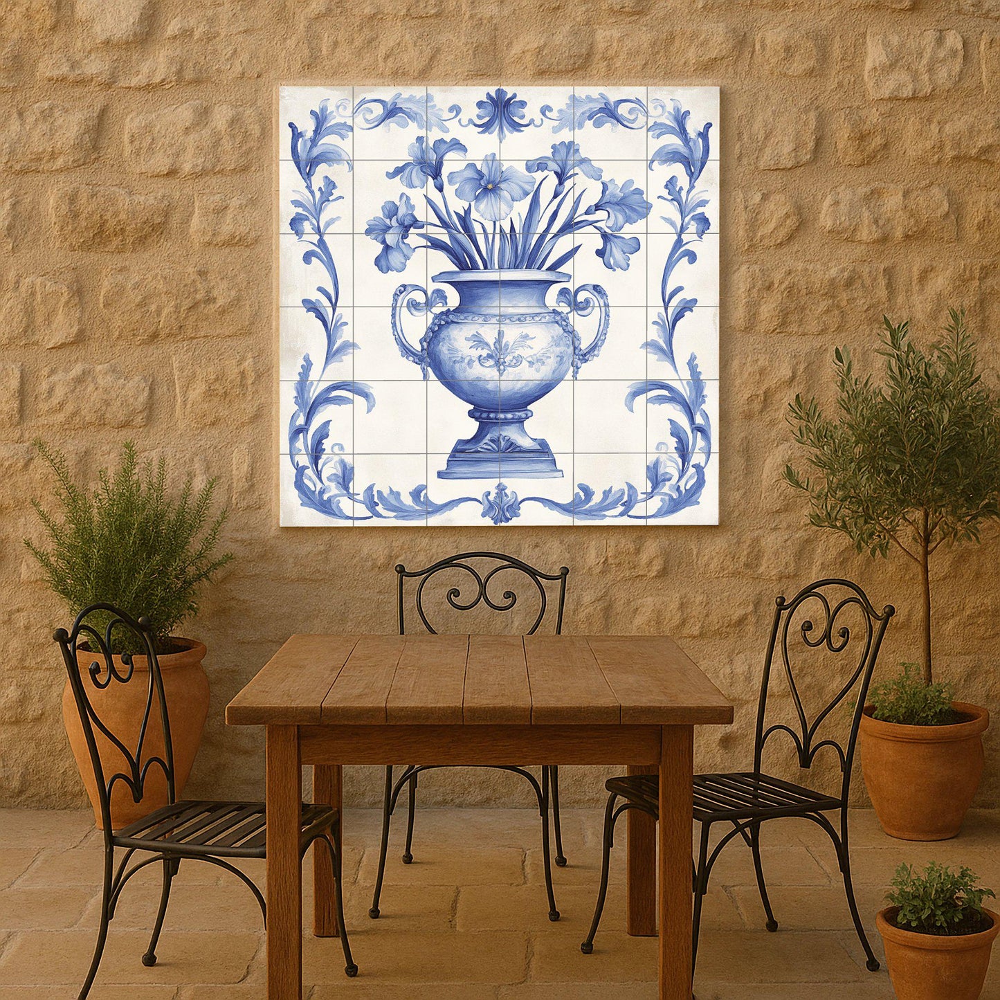 Delft Blue Ceramic Mural: Classic floral vase with ornamental scrolls, decorative artwork in indigo and white tile, timeless wall art.