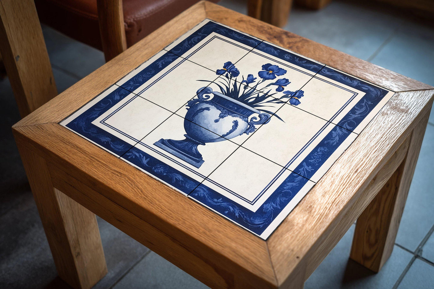 Blue Iris ceramic mural: Delft style vase with elegant bouquet of flowers, decorative tile artwork in classic indigo wall art.