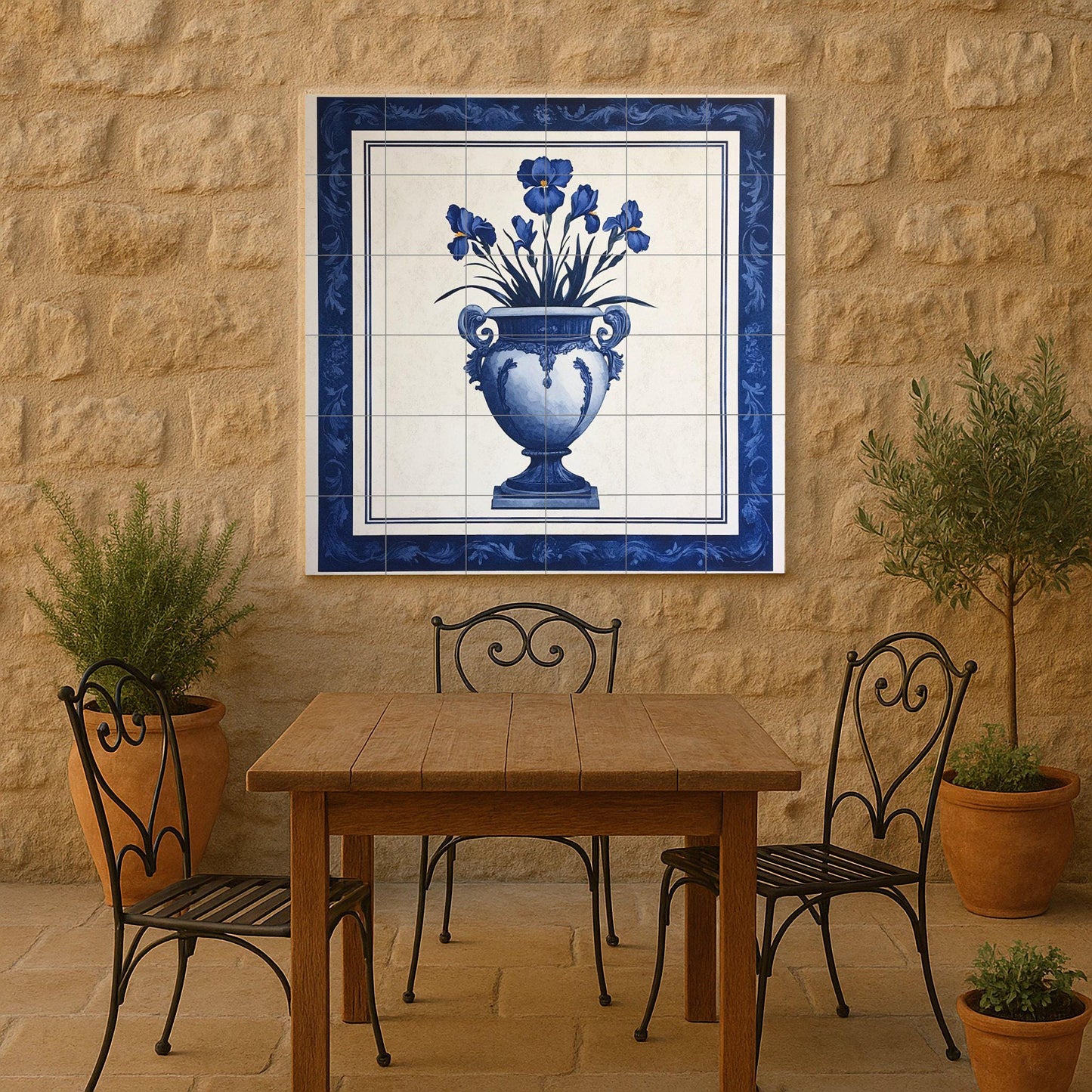 Blue Iris ceramic mural: Delft style vase with elegant bouquet of flowers, decorative tile artwork in classic indigo wall art.