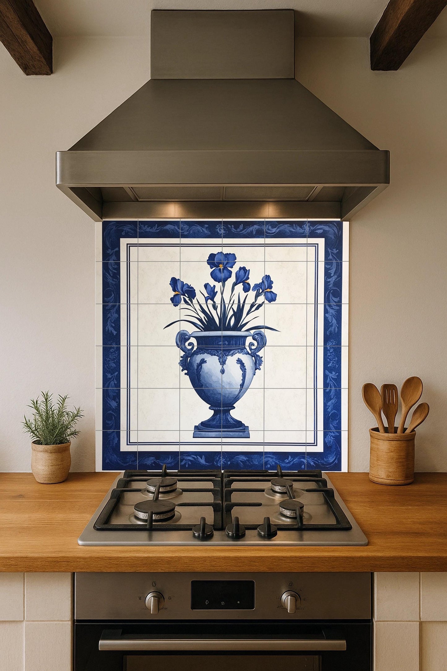 Blue Iris ceramic mural: Delft style vase with elegant bouquet of flowers, decorative tile artwork in classic indigo wall art.