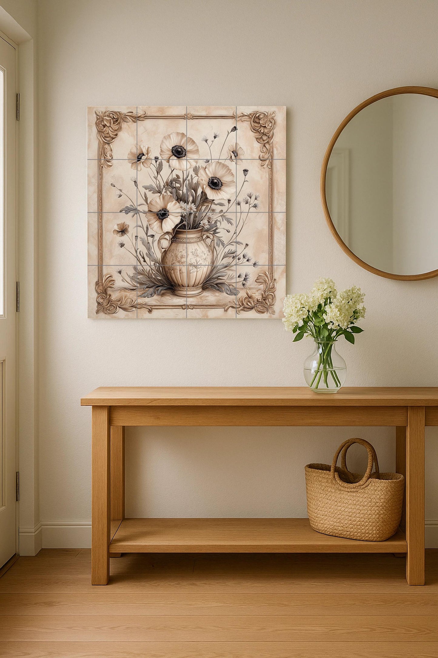Elegant ceramic floral mural: classic beige vase with blooming flowers, artwork with ornamental baroque frame, timeless decorative wall art.
