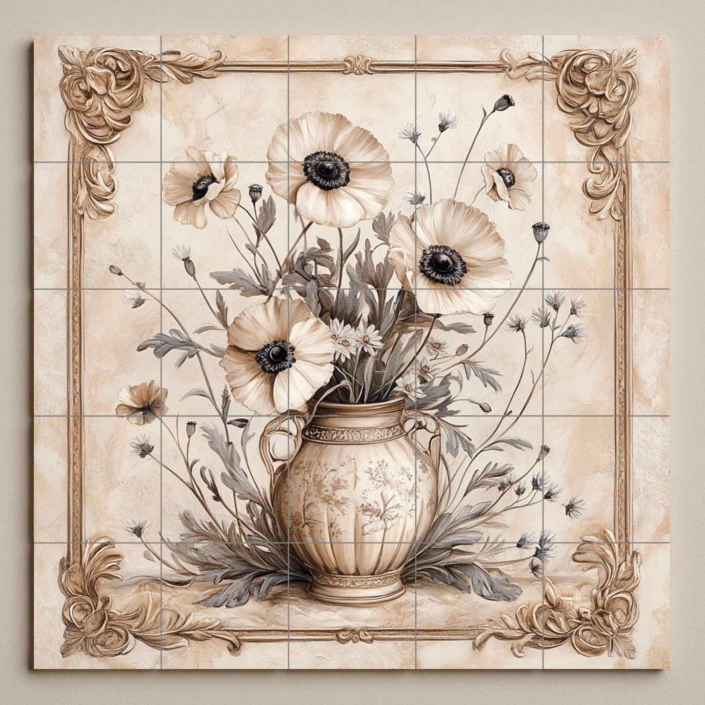 Elegant ceramic floral mural: classic beige vase with blooming flowers, artwork with ornamental baroque frame, timeless decorative wall art.
