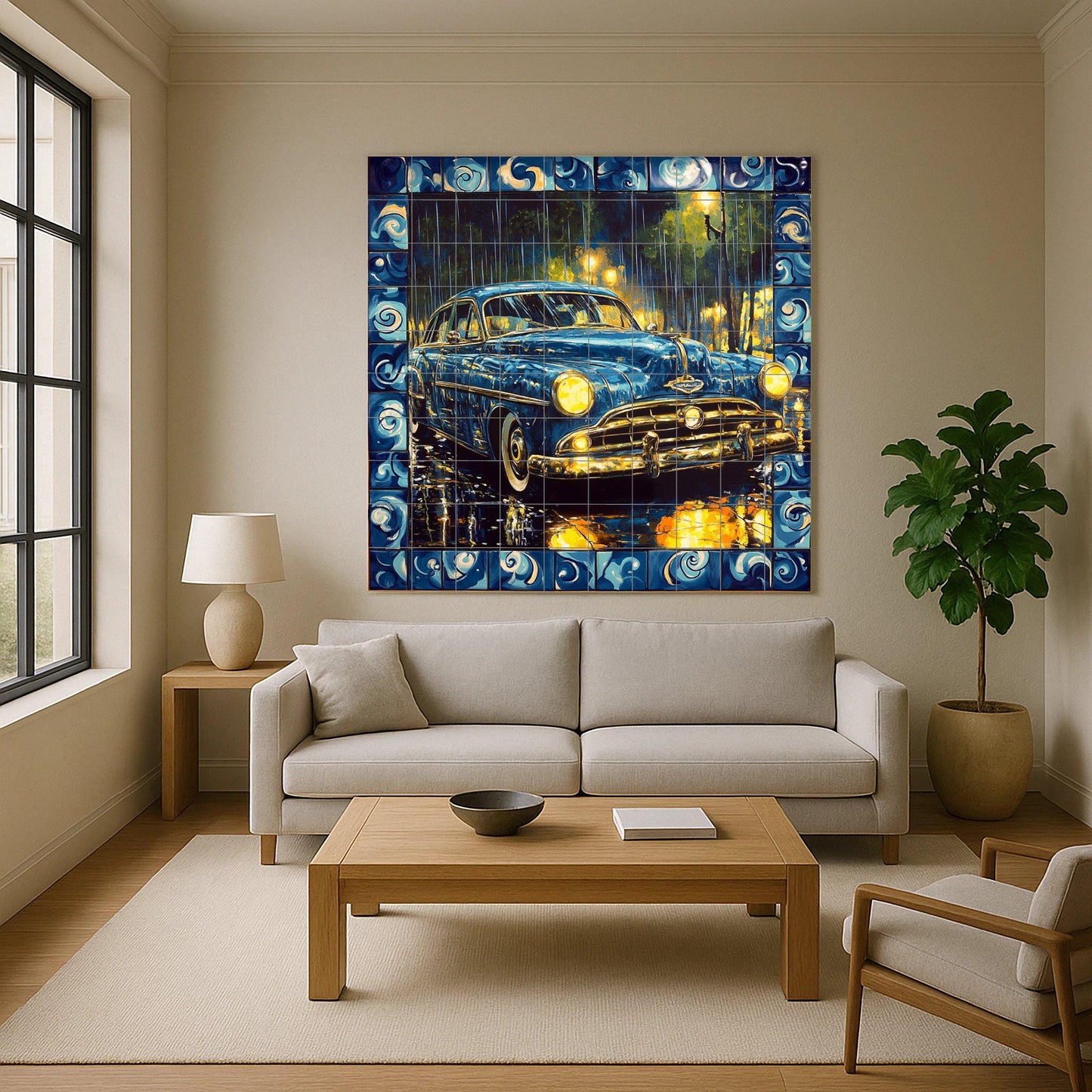 Classic car ceramic mural: vintage blue car on a rainy night with decorative border, retro artwork.