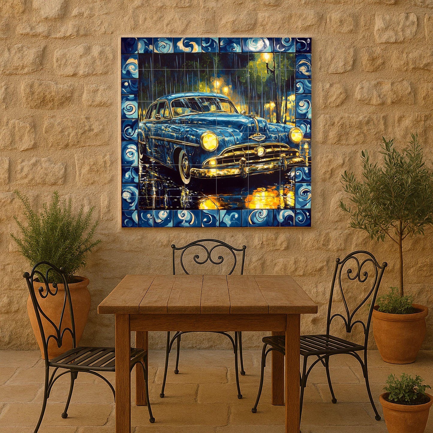 Classic car ceramic mural: vintage blue car on a rainy night with decorative border, retro artwork.