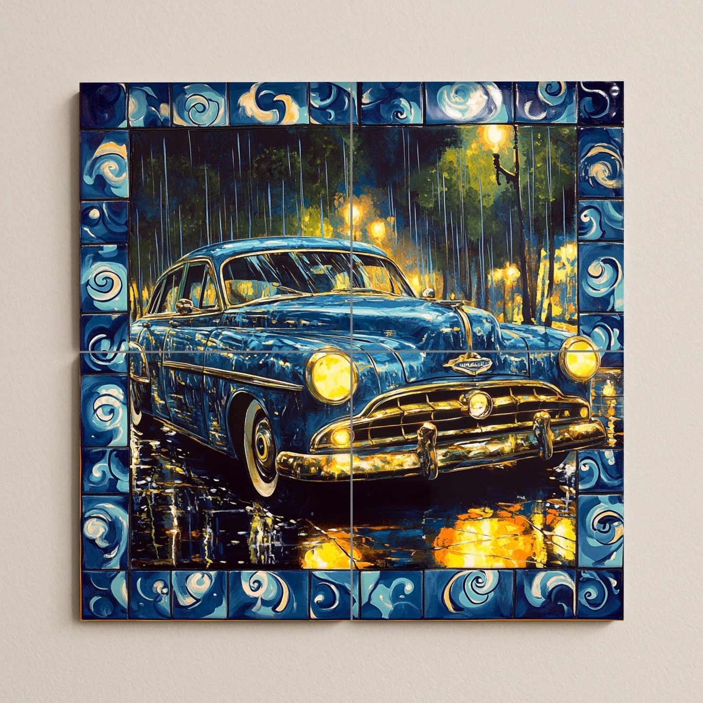 Classic car ceramic mural: vintage blue car on a rainy night with decorative border, retro artwork.
