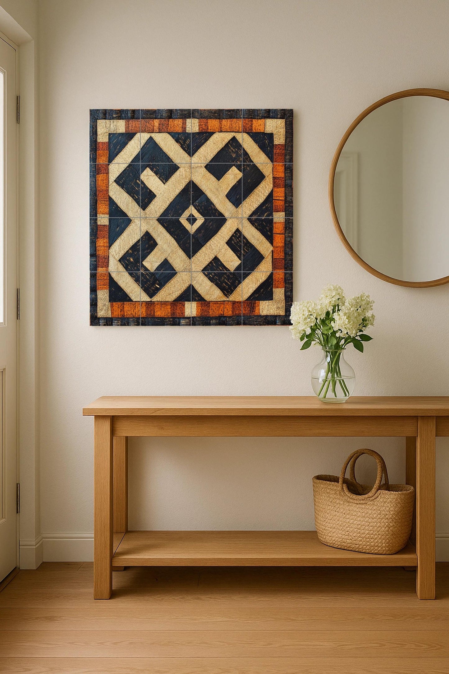 Congolese Kuba ceramic mural: Tribal-inspired tile artwork in raffia with striking geometric patterns and African heritage mural art.