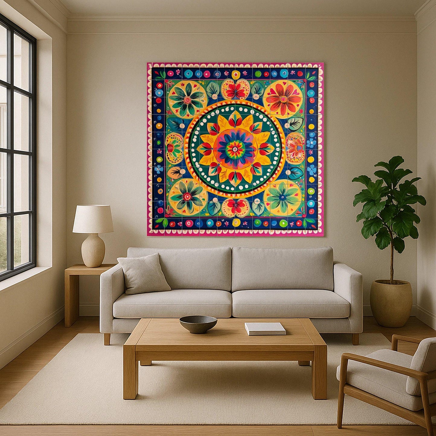 Costa Rican cart ceramic mural: colorful folk painting with radial floral motifs, tropical decorative tile panel in symmetrical style.