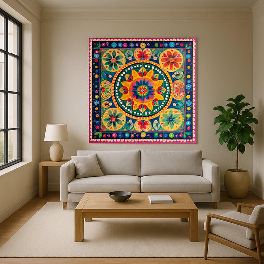 Costa Rican cart ceramic mural: colorful folk painting with radial floral motifs, tropical decorative tile panel in symmetrical style.
