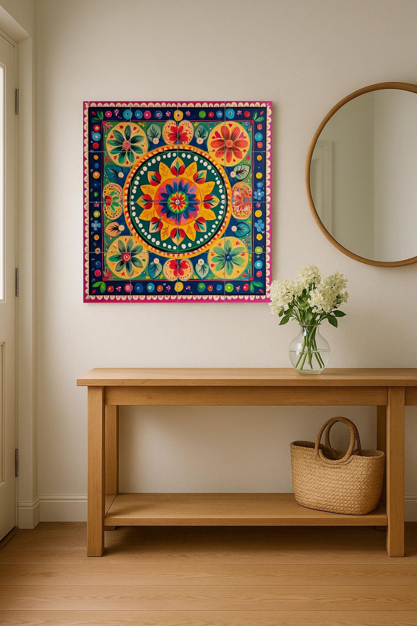Costa Rican cart ceramic mural: colorful folk painting with radial floral motifs, tropical decorative tile panel in symmetrical style.