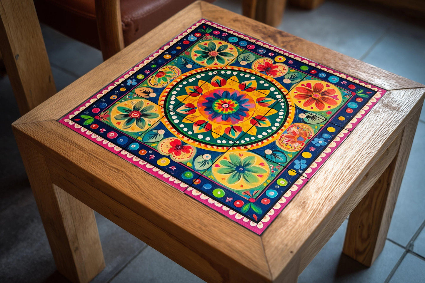 Costa Rican cart ceramic mural: colorful folk painting with radial floral motifs, tropical decorative tile panel in symmetrical style.