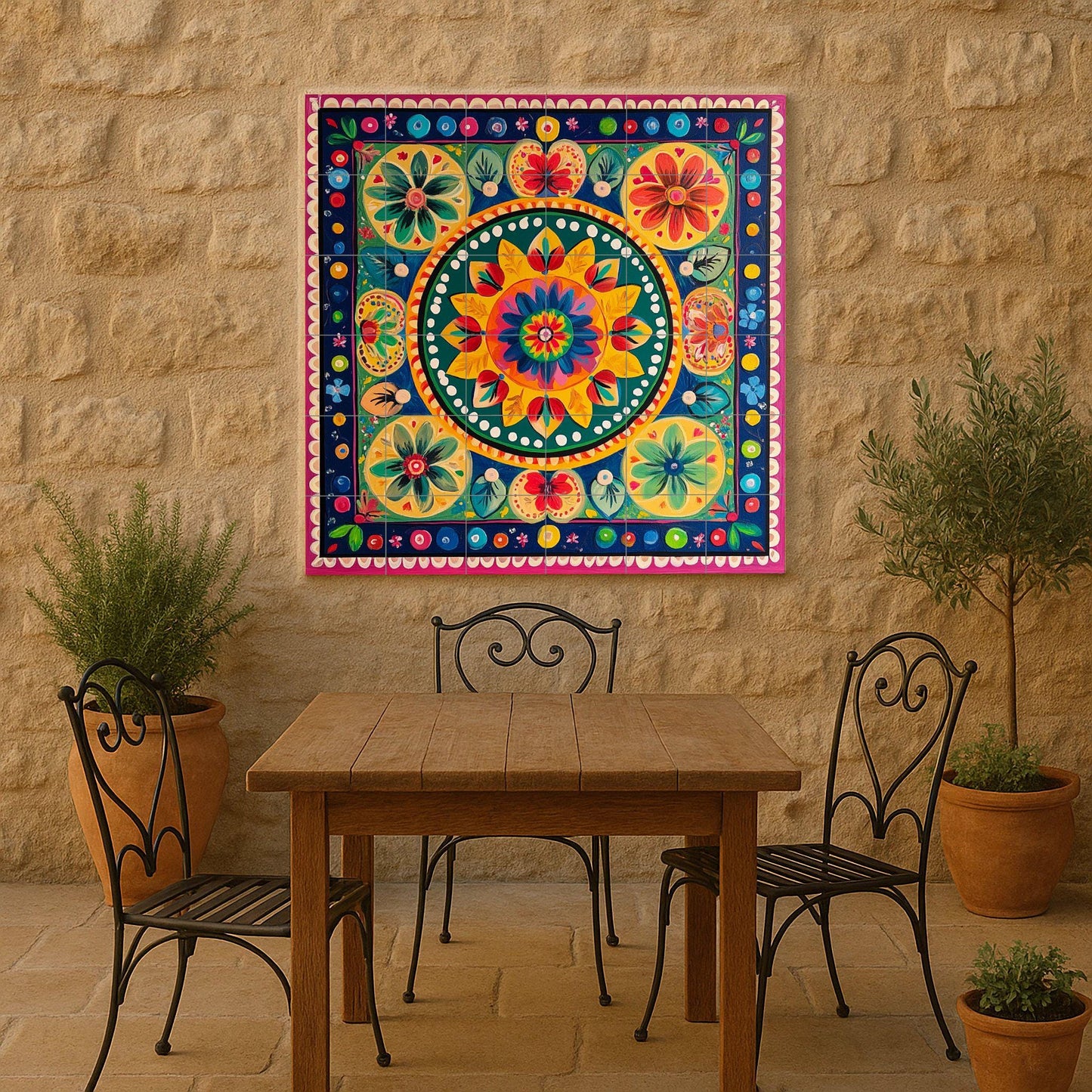 Costa Rican cart ceramic mural: colorful folk painting with radial floral motifs, tropical decorative tile panel in symmetrical style.
