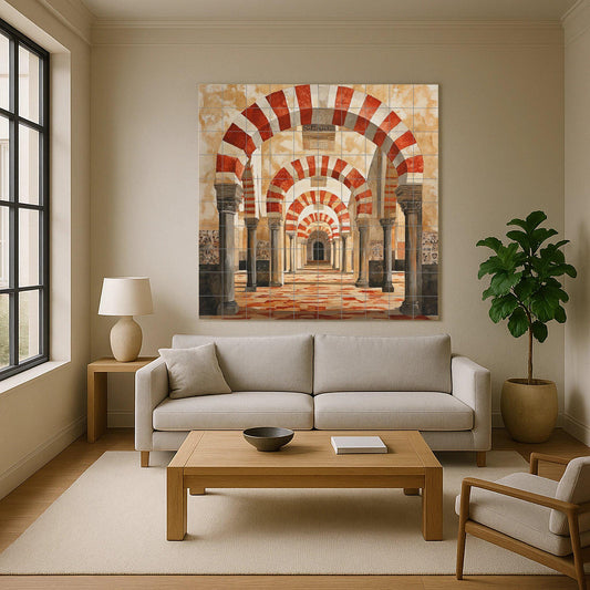 Cordoban ceramic mural: Red and white arches of the Mosque, Andalusian architectural tile work, historical decorative mural art.