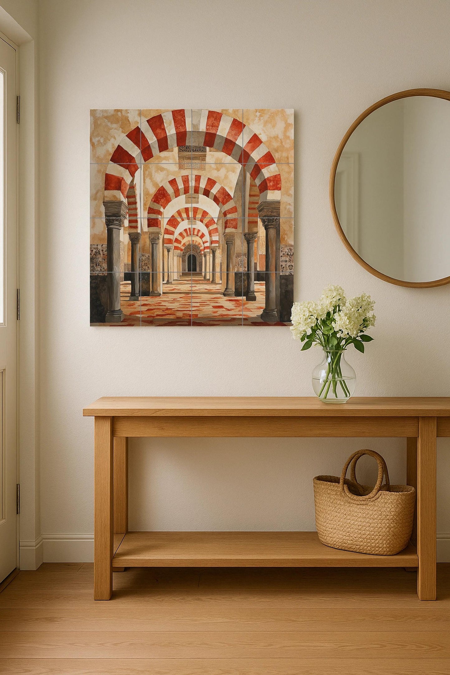 Cordoban ceramic mural: Red and white arches of the Mosque, Andalusian architectural tile work, historical decorative mural art.