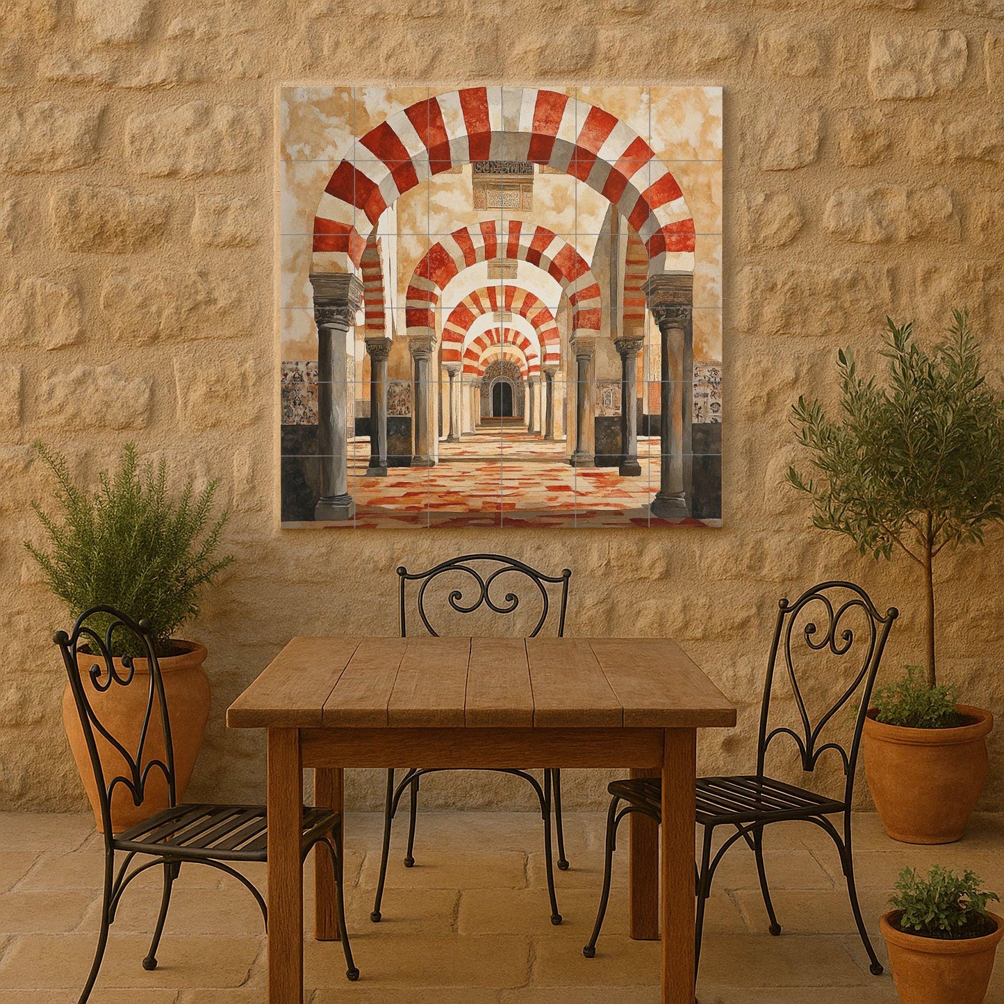 Cordoban ceramic mural: Red and white arches of the Mosque, Andalusian architectural tile work, historical decorative mural art.