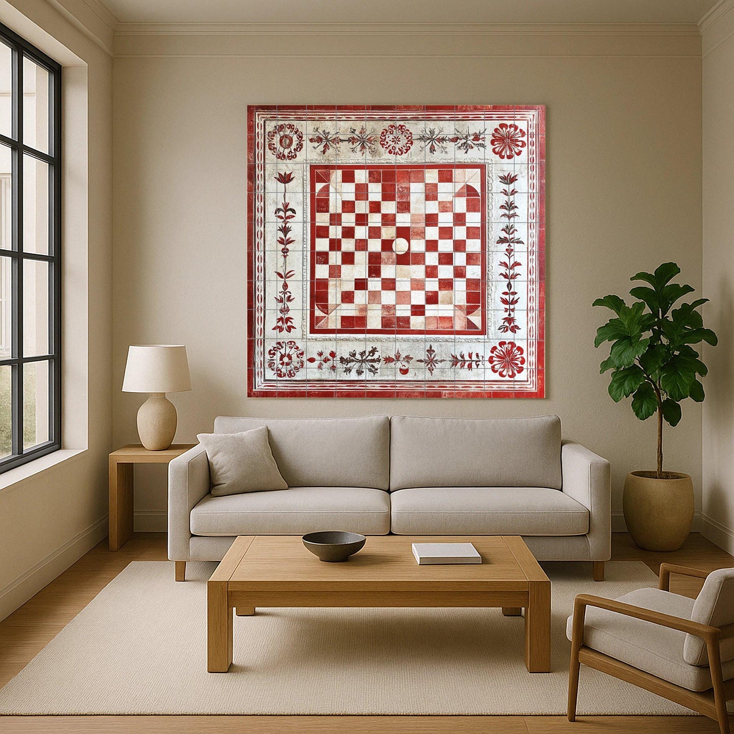 Ceramic mural of Croatian paintings: artwork in traditional red and white tiles with floral border, decorative wall panel inspired by historical folklore.