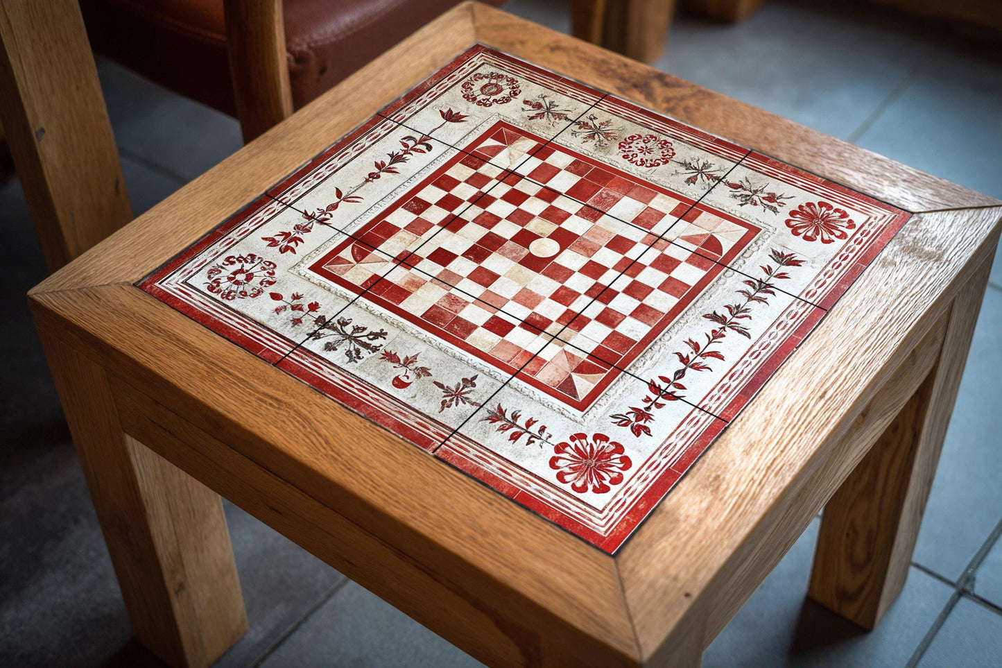 Ceramic mural of Croatian paintings: artwork in traditional red and white tiles with floral border, decorative wall panel inspired by historical folklore.