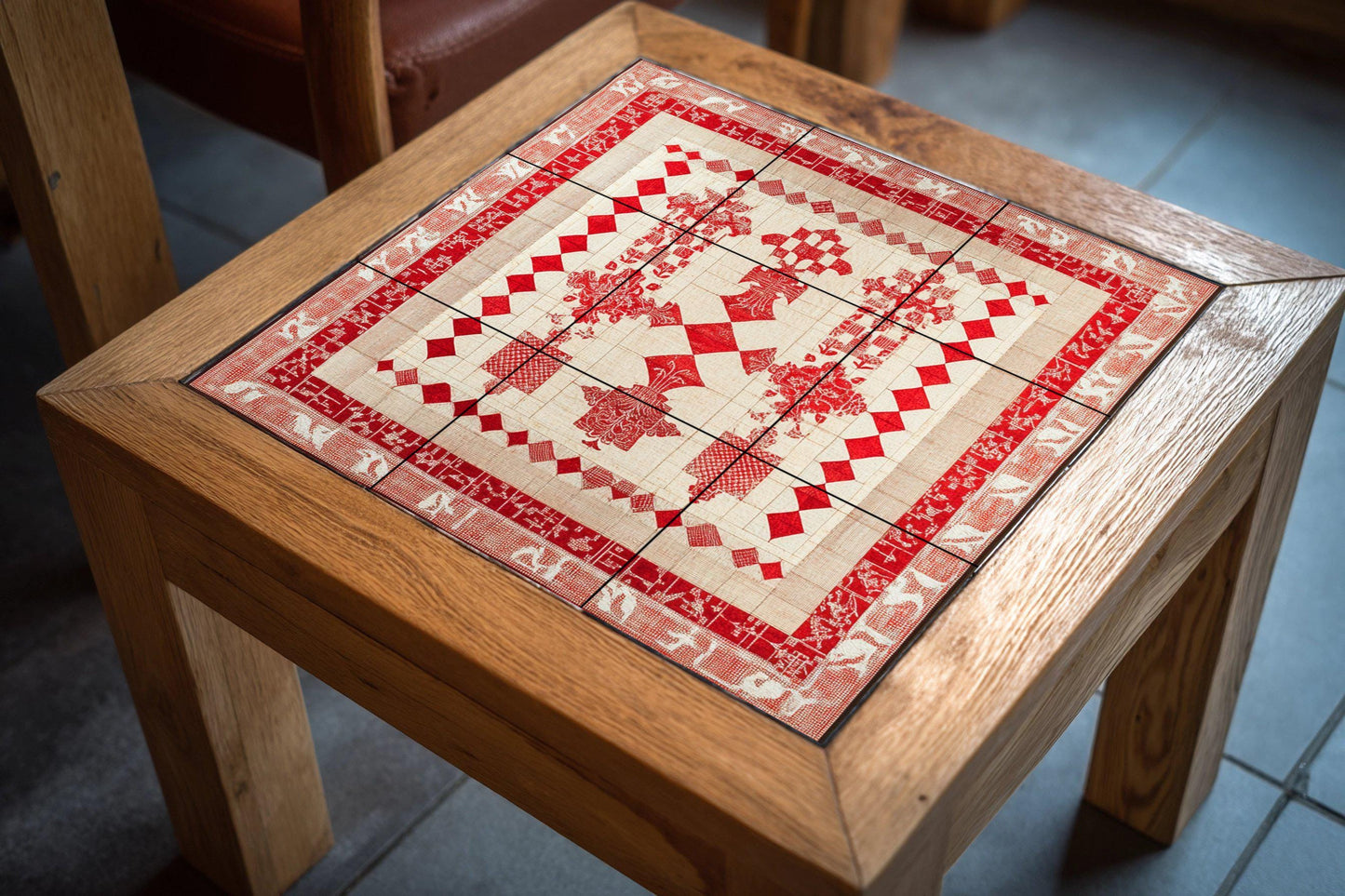 Croatian heraldic ceramic mural: historical design of red and white squares with crosses, medieval motifs and ornamental border.