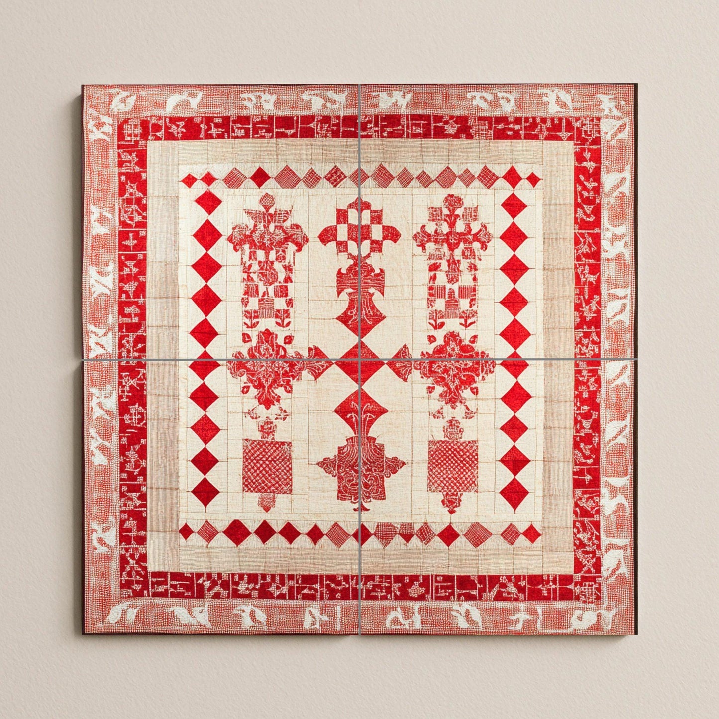 Croatian heraldic ceramic mural: historical design of red and white squares with crosses, medieval motifs and ornamental border.