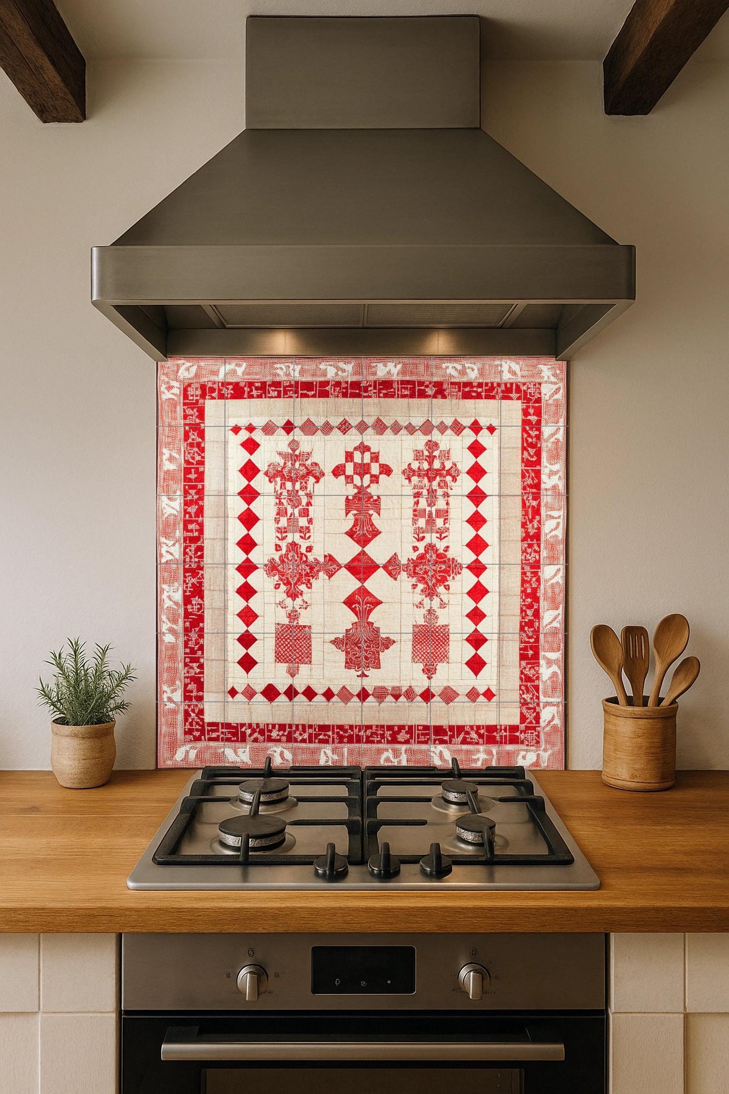 Croatian heraldic ceramic mural: historical design of red and white squares with crosses, medieval motifs and ornamental border.