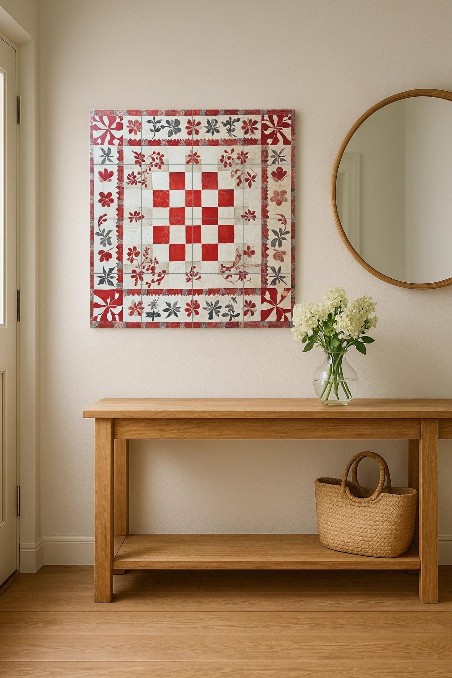 Croatian checkered ceramic mural: red and white Glagolitic-inspired tile artwork with floral border, coastal folk embroidery style wall art.