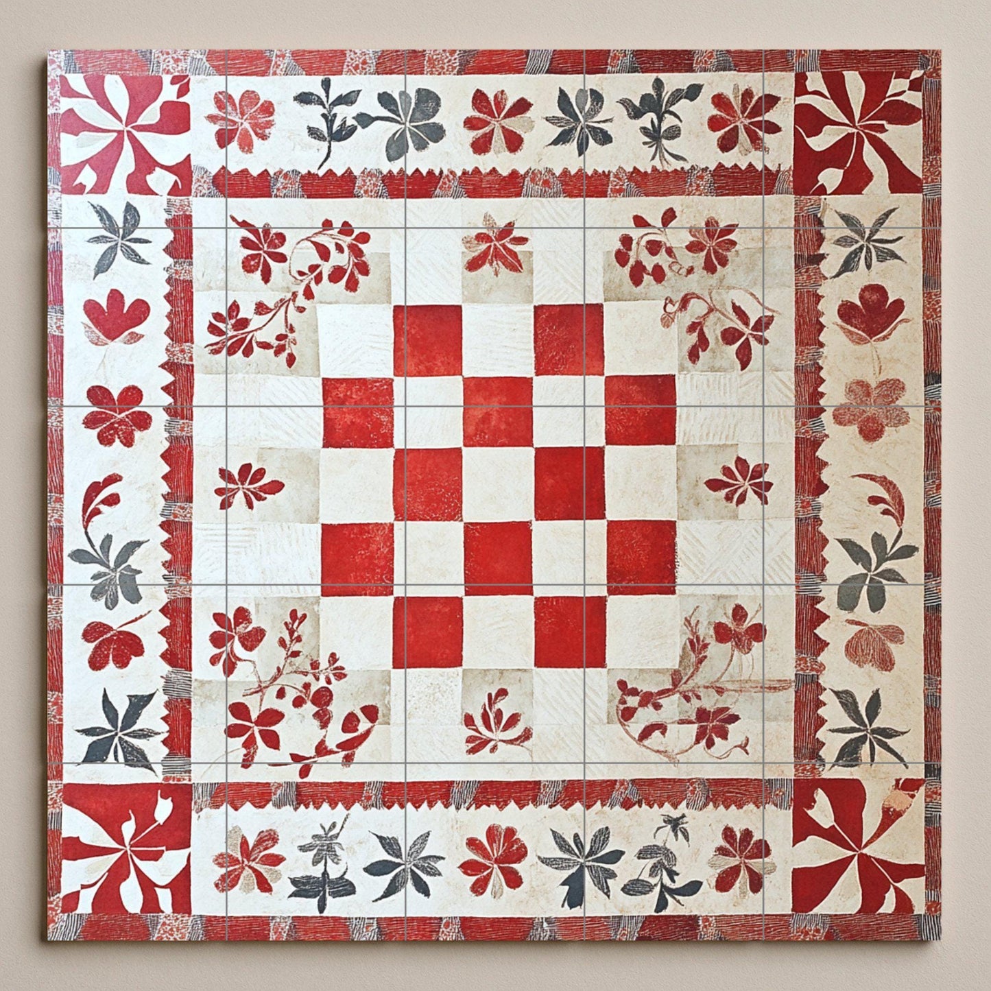 Croatian checkered ceramic mural: red and white Glagolitic-inspired tile artwork with floral border, coastal folk embroidery style wall art.