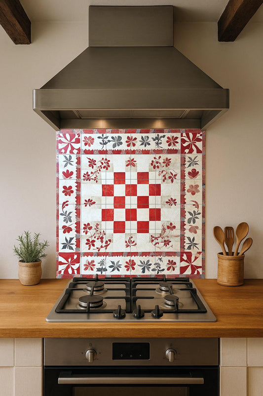 Croatian checkered ceramic mural: red and white Glagolitic-inspired tile artwork with floral border, coastal folk embroidery style wall art.