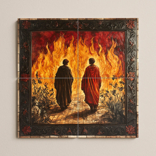 Ceramic mural of Dante and Virgil's Inferno: Gothic floral frame with flames and shadows, spectacular fresco-style tile artwork for collectors.